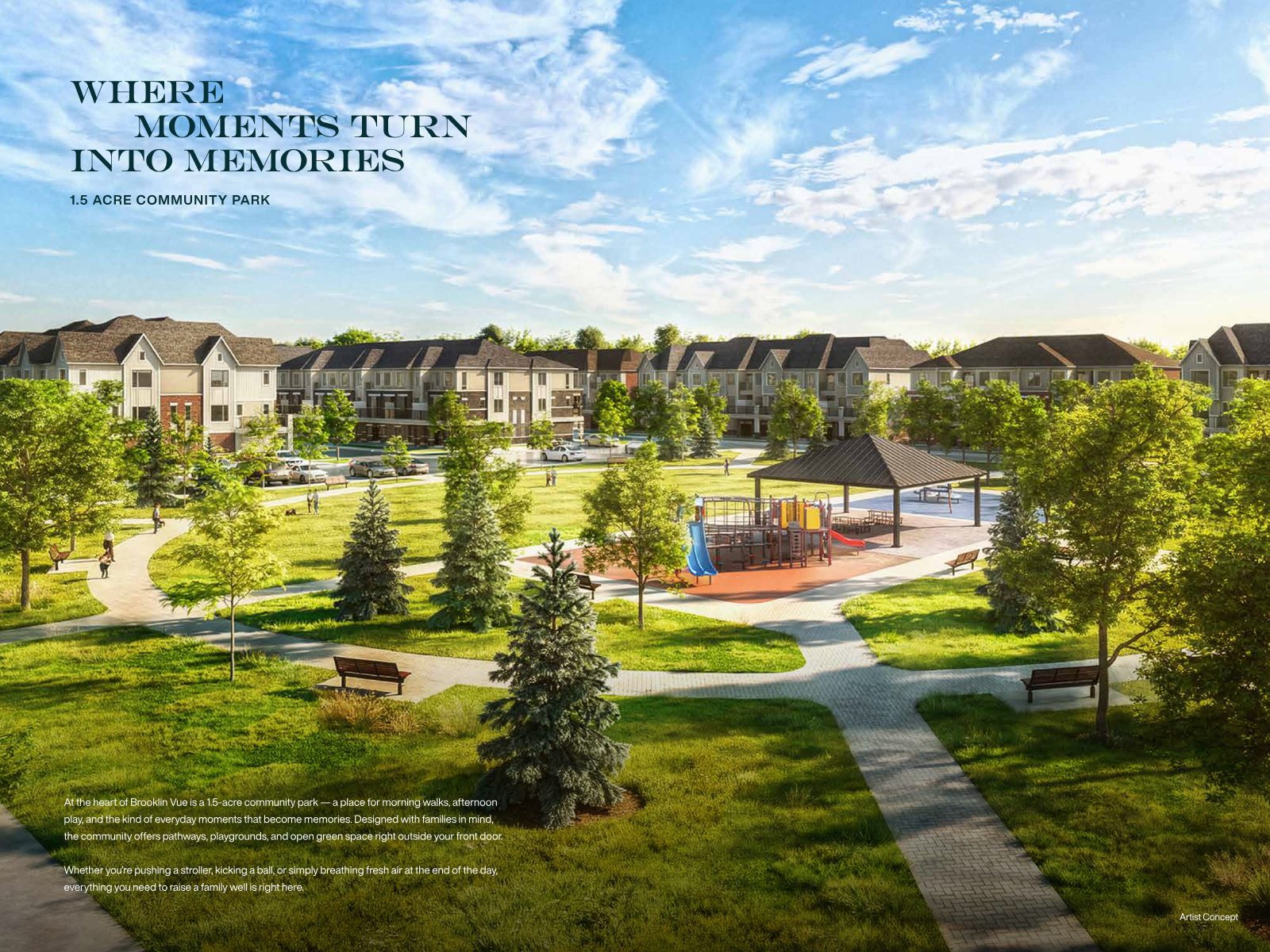The 1.5-acre community park with playground and pathways (artist concept)