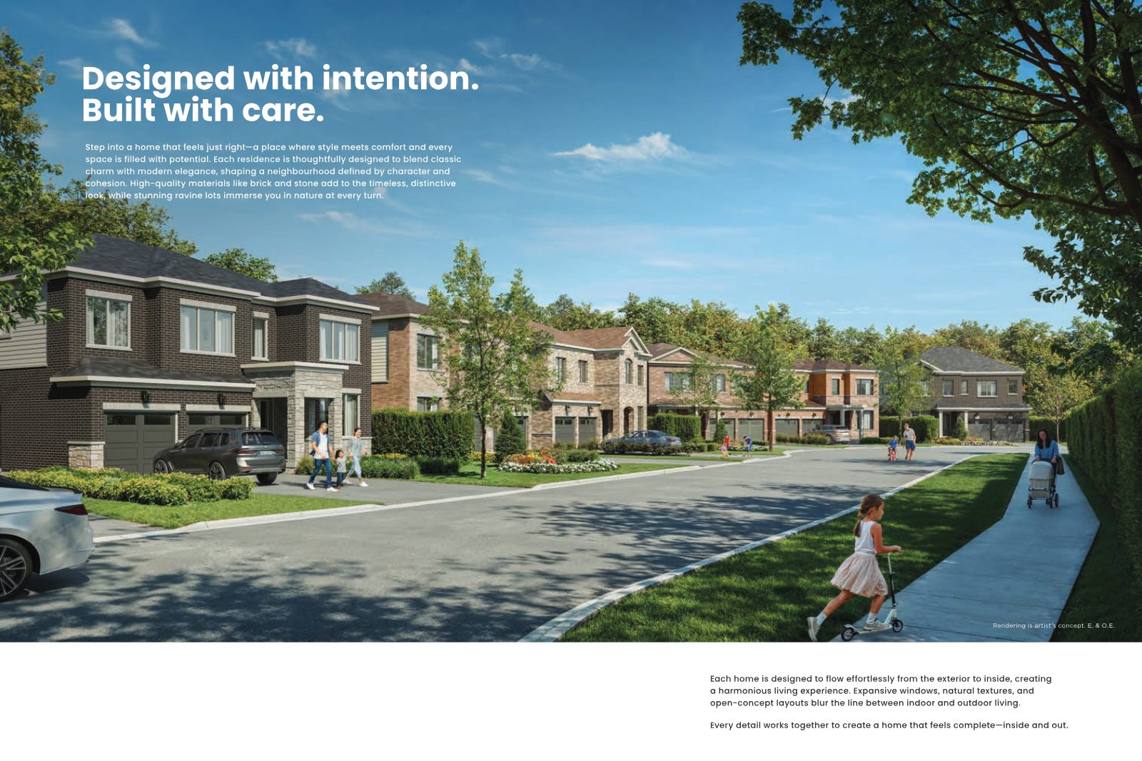 Sunny streetscape rendering with families walking past brick and stone detached homes
