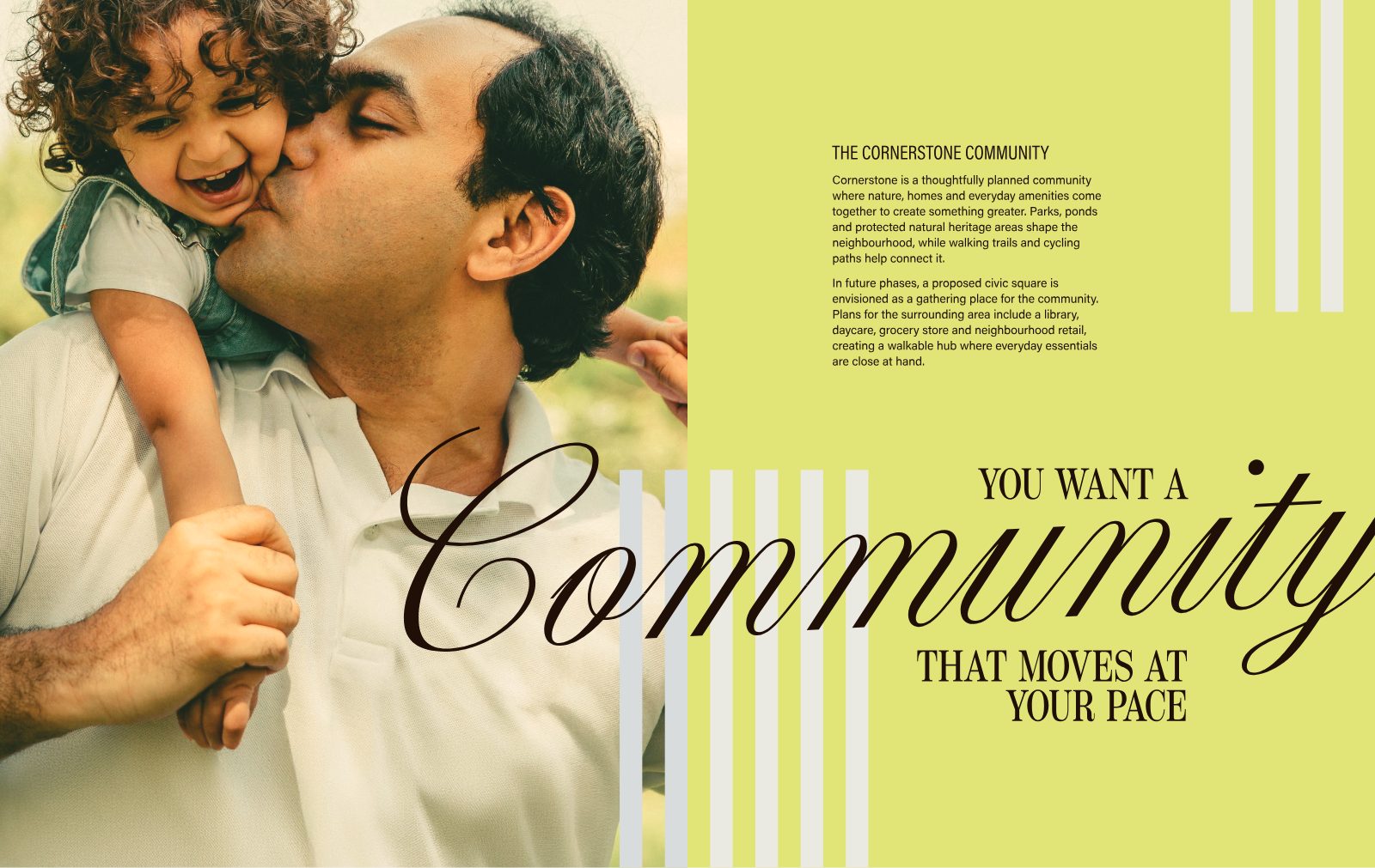 Father carrying his laughing child on his shoulders beside the headline You Want a Community That Moves at Your Pace
