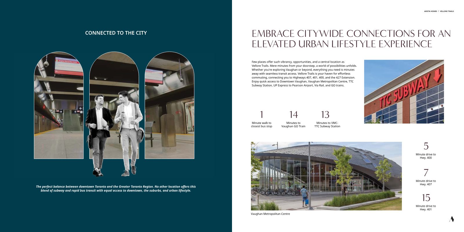 Commuters walking through the Vaughan Metropolitan Centre subway station framed by arches