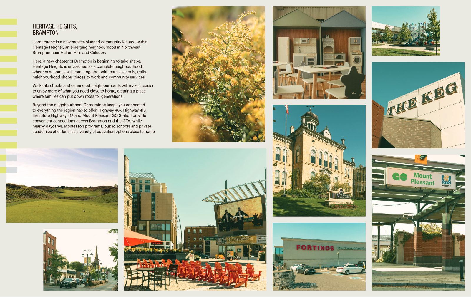 Collage of Brampton area life near Heritage Heights: Mount Pleasant GO Station, Fortinos, Peel Art Gallery, downtown square, golf course and playground