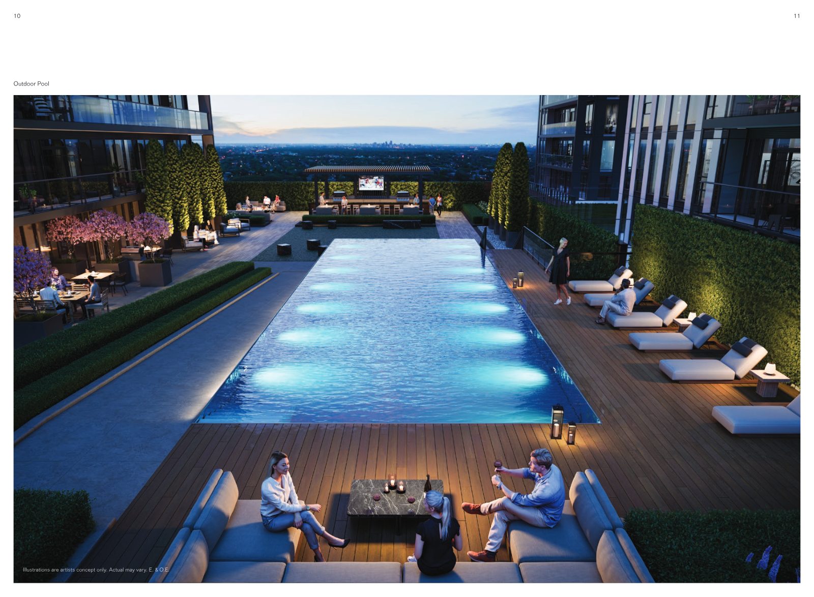The outdoor rooftop pool at The Design District with lounge decks, loungers and covered bar