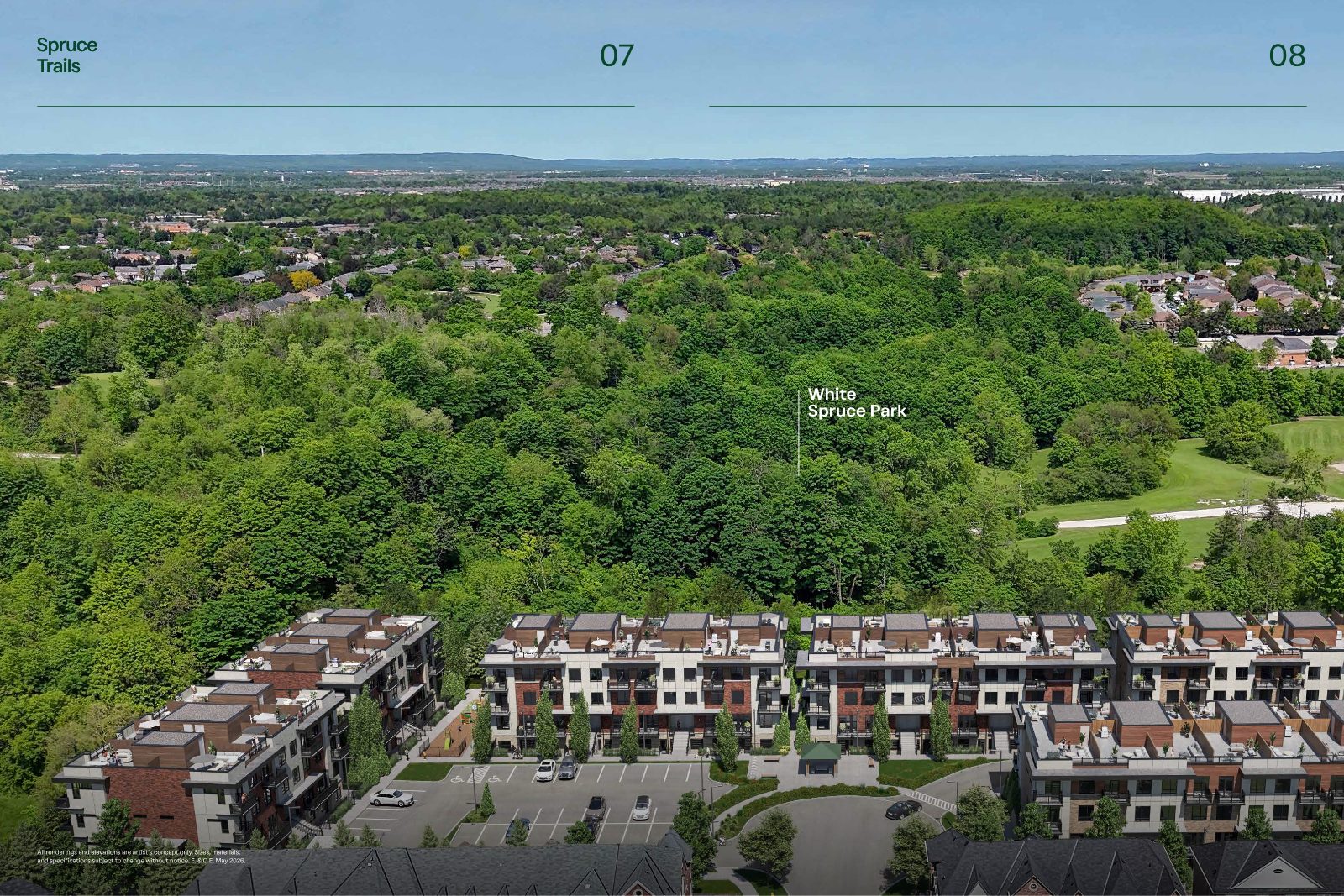 Aerial rendering of Spruce Trails stacked townhomes backing onto the woodland of White Spruce Park in North Brampton