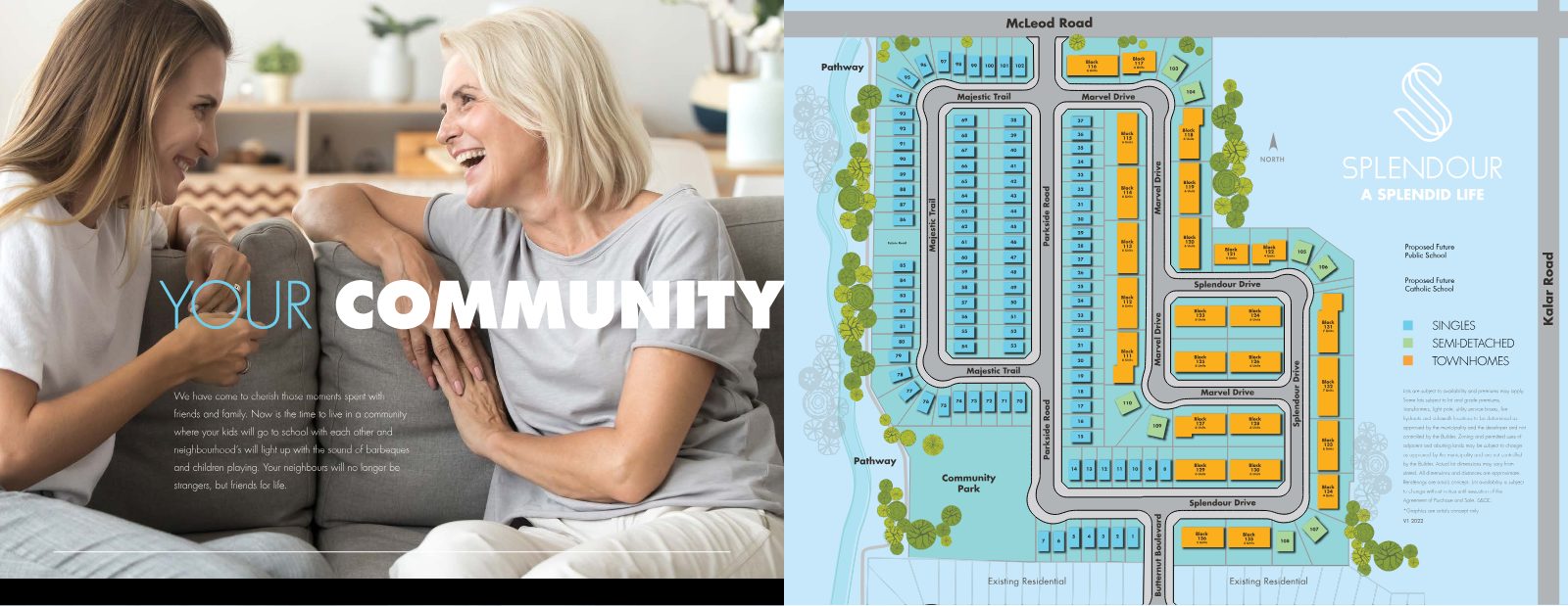 Splendour site plan showing singles, semi-detached and townhome blocks, community park, pathways and proposed future schools between Kalar Road and McLeod Road