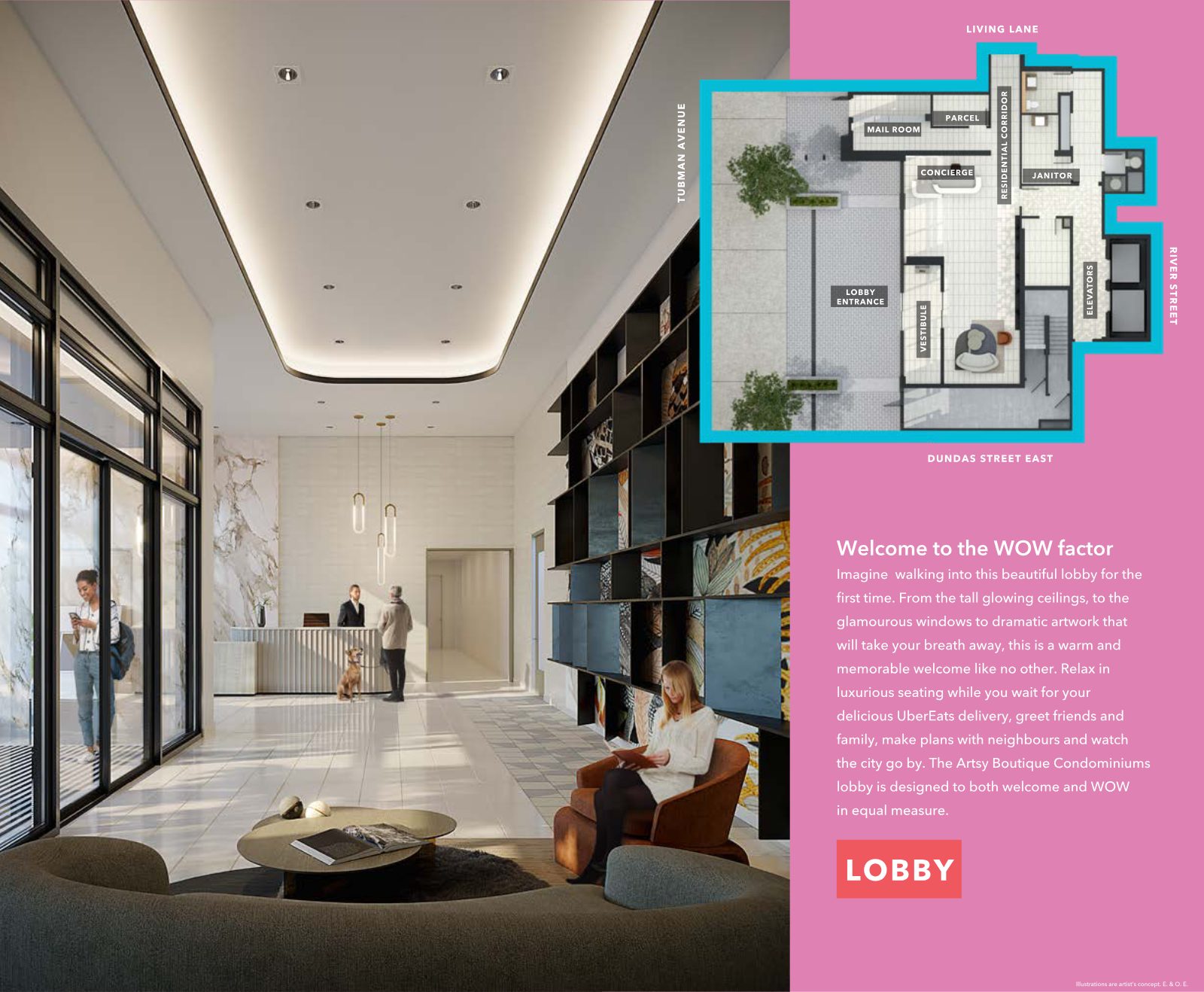 Rendering of the Artsy lobby with glowing ceilings and concierge desk