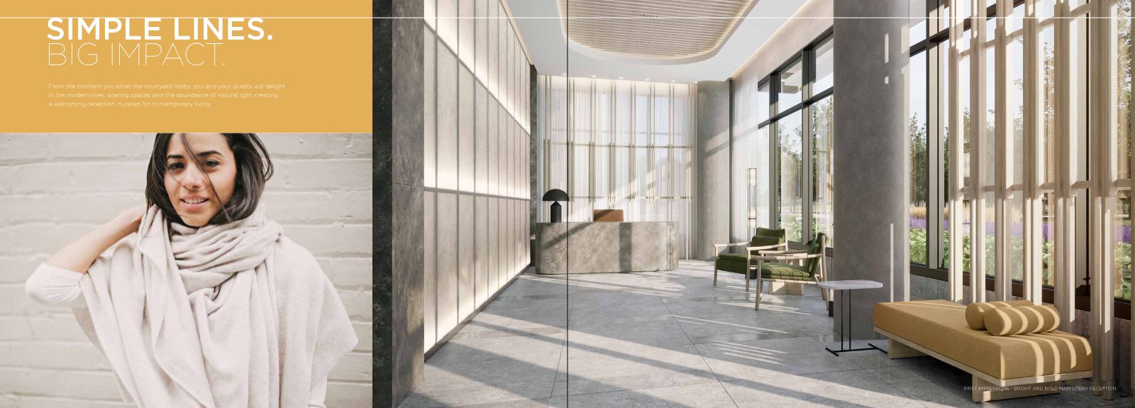 Bright main lobby reception with stone desk and floor-to-ceiling windows