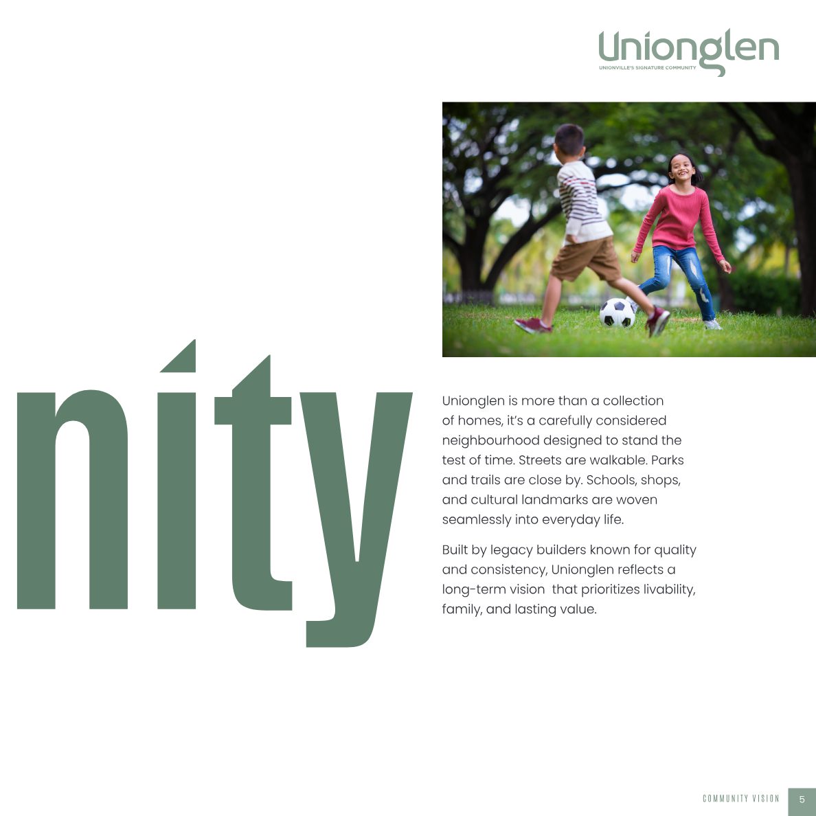 Unionglen brochure page: children playing soccer in a park, describing a walkable neighbourhood with nearby parks, trails, schools and shops