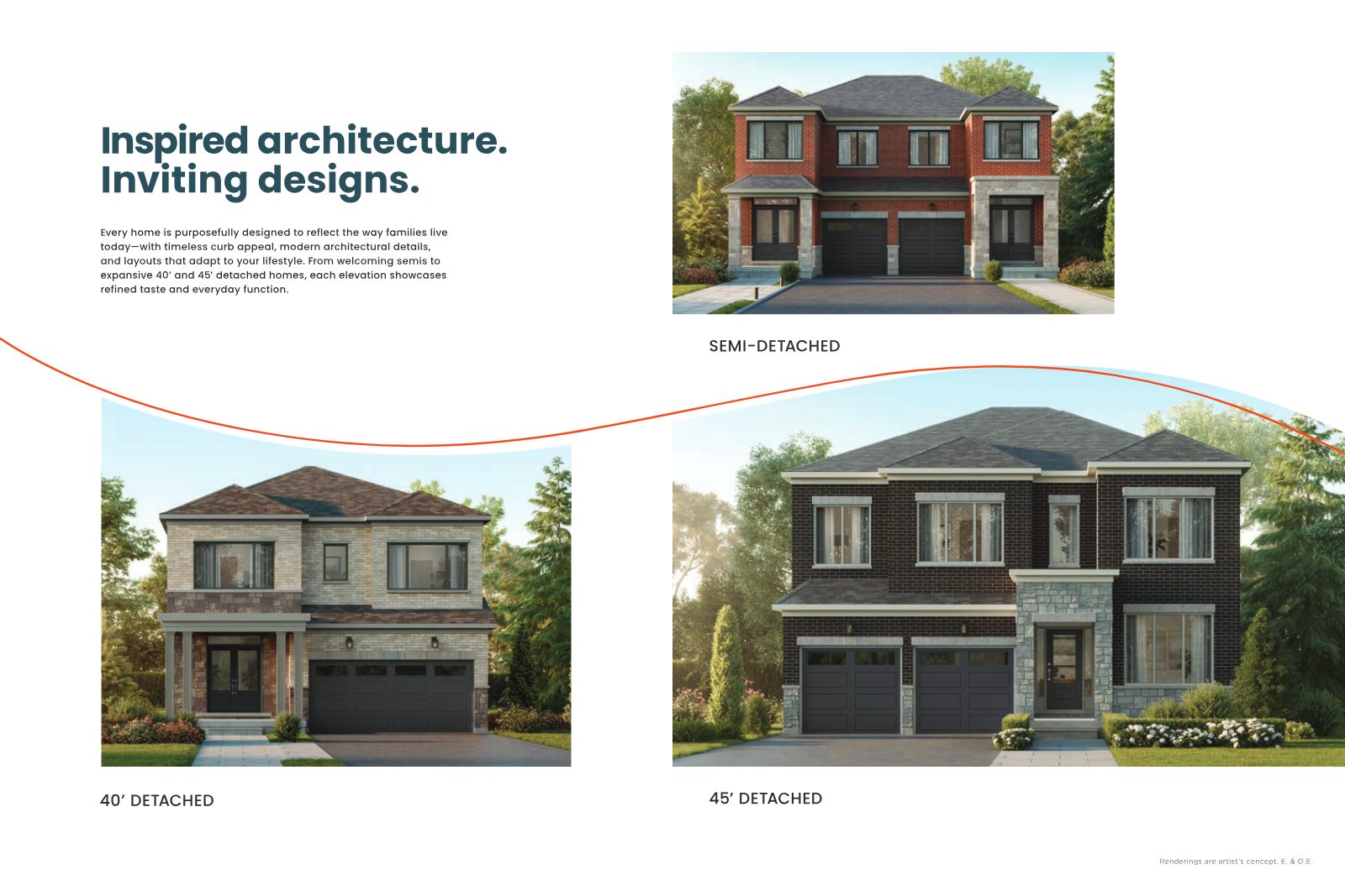 Semi-detached, 40-foot and 45-foot detached home elevations
