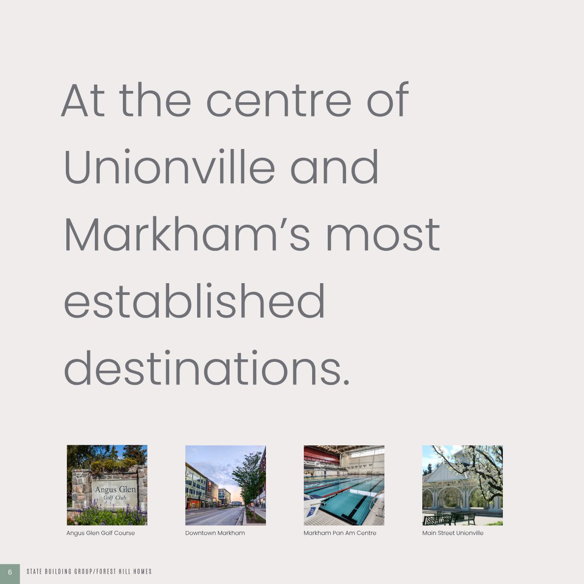 Brochure page highlighting nearby destinations: Angus Glen Golf Course, Downtown Markham, Markham Pan Am Centre and Main Street Unionville