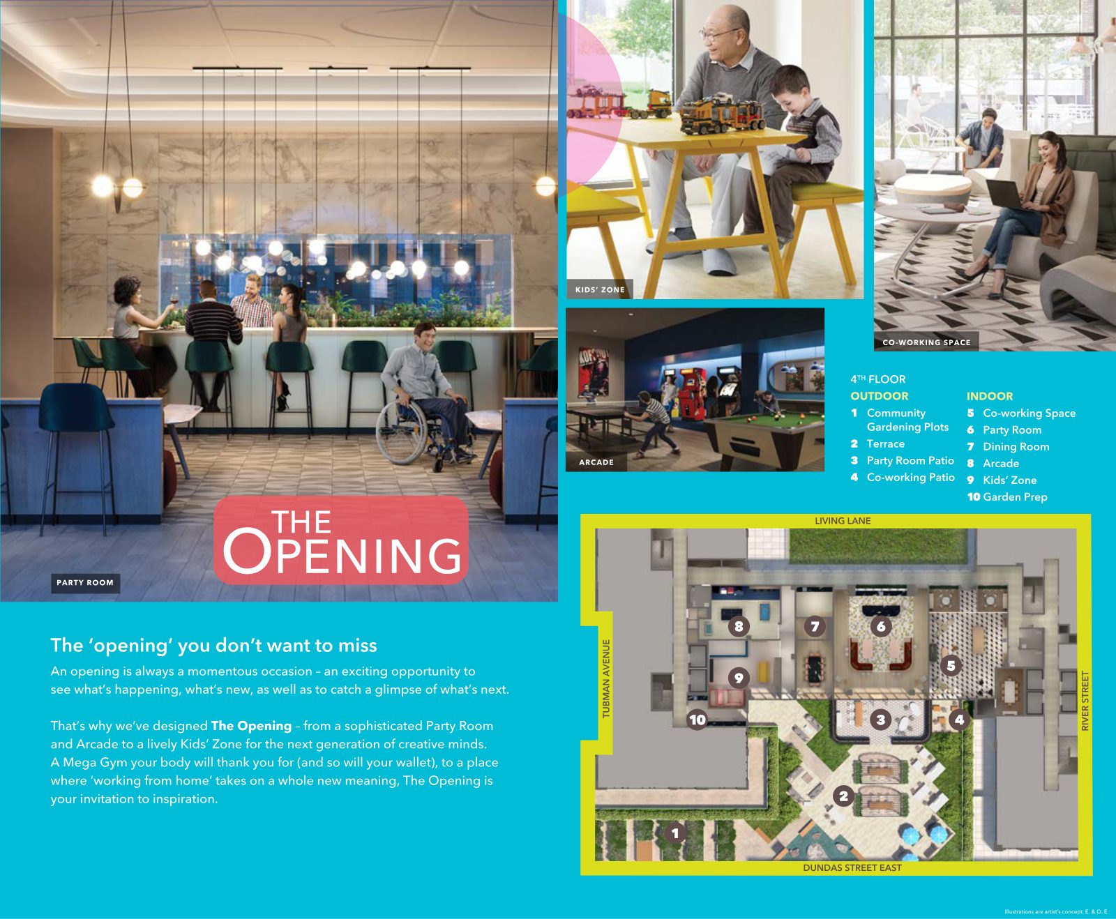 Renderings of The Opening amenities: party room, kids' zone, arcade, co-working space and 4th-floor plan