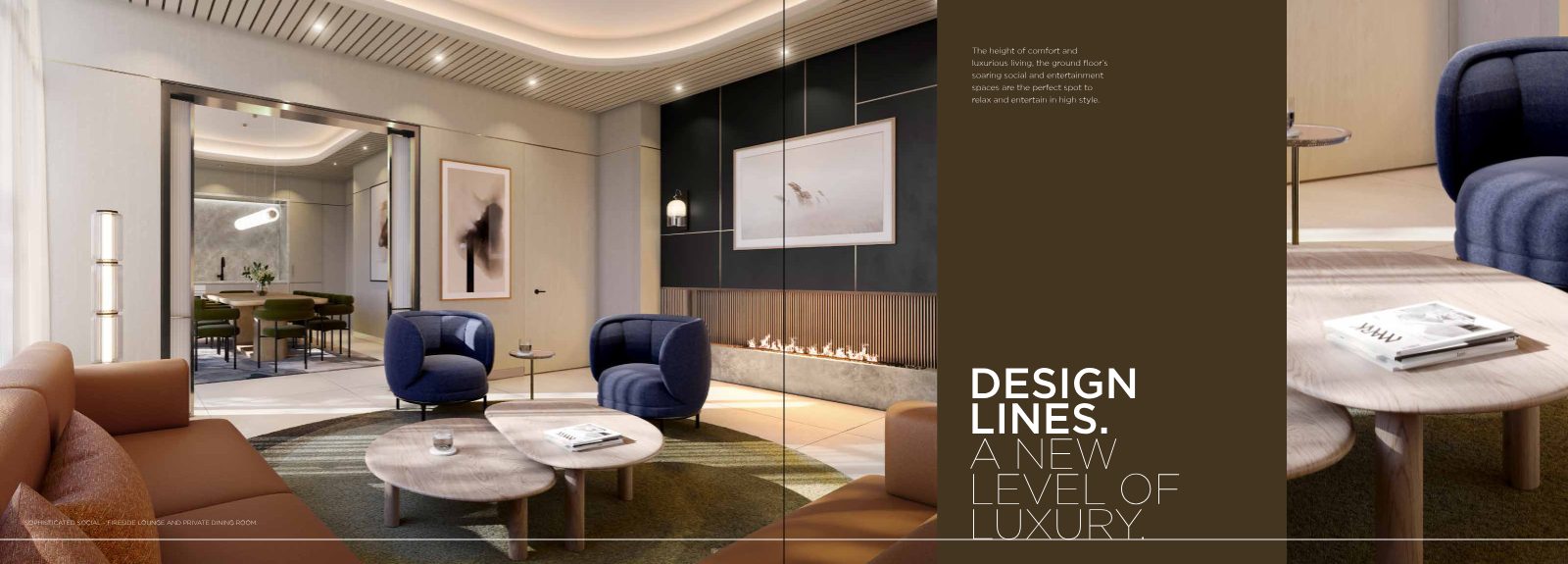 Fireside entertainment lounge opening to a private dining room