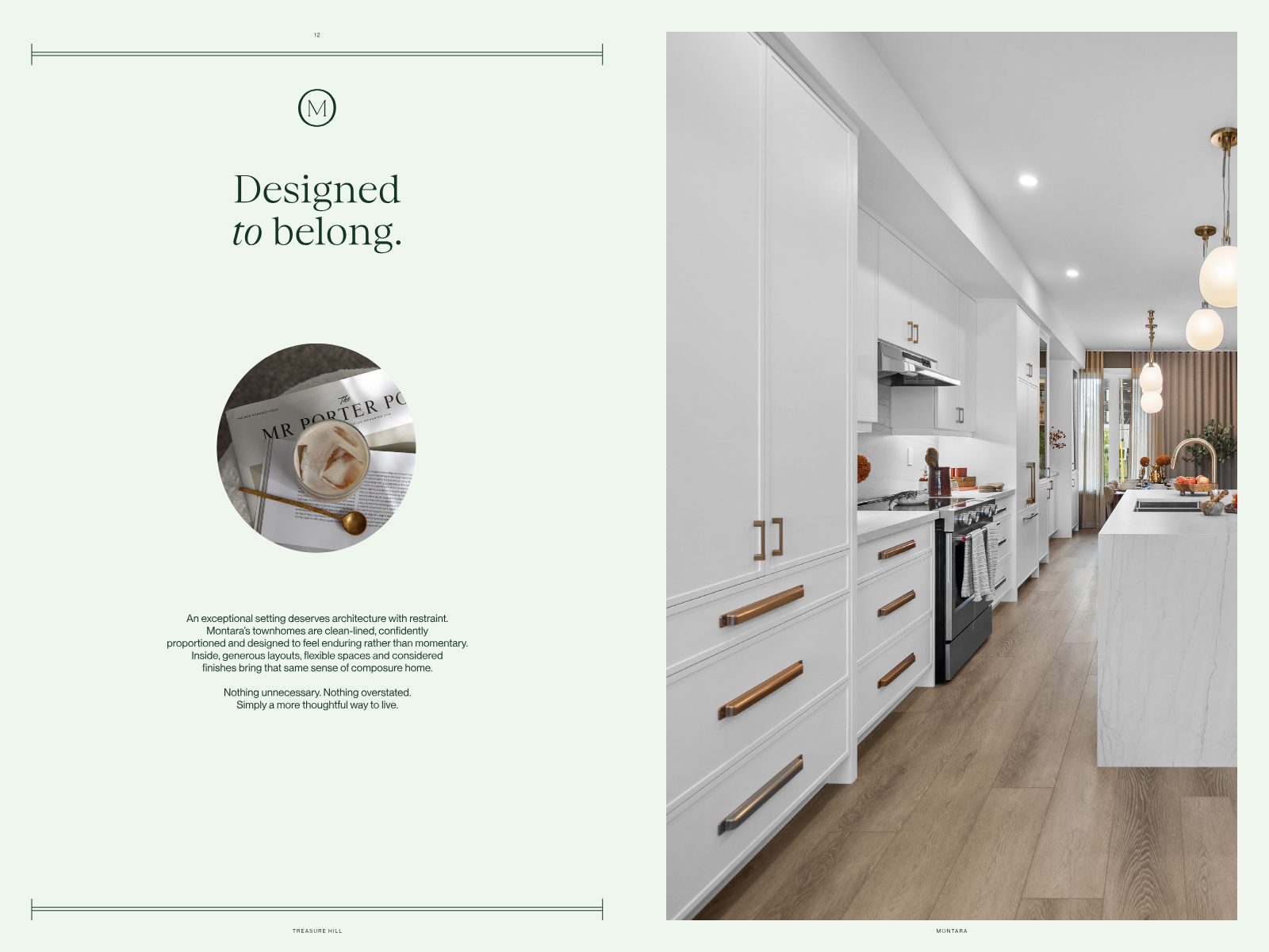 Bright white kitchen with brass hardware, waterfall island and wide-plank flooring