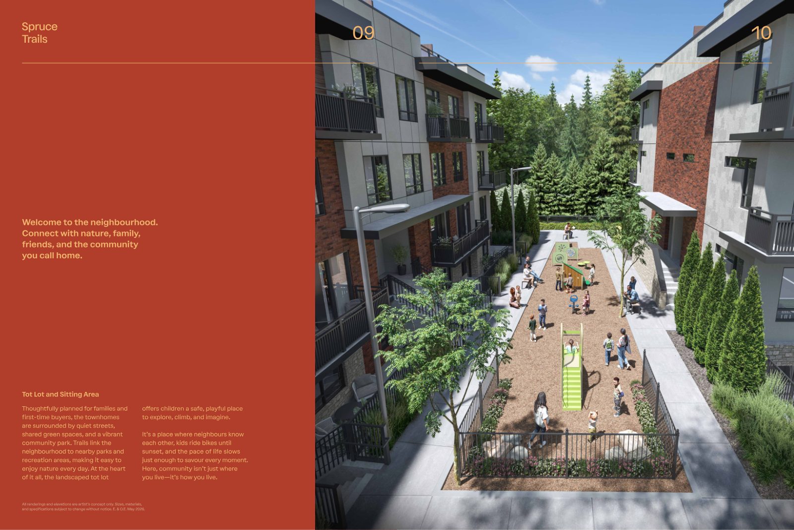 Rendering of the landscaped tot lot and sitting area between Spruce Trails townhome blocks