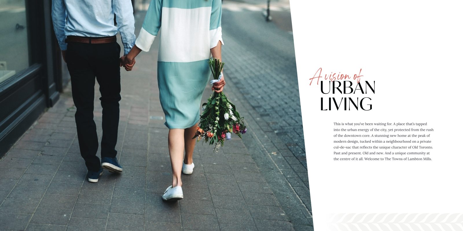Couple walking hand in hand along a city sidewalk carrying flowers — A vision of urban living