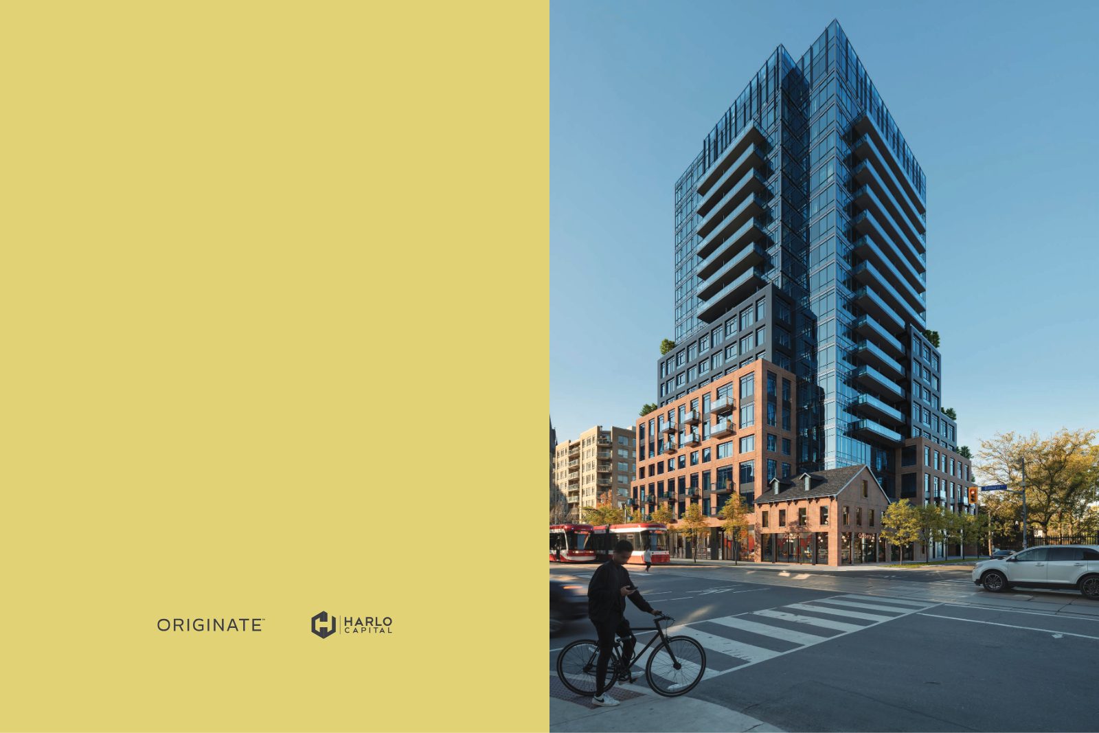 Rendering of Reside on Richmond: a glass tower over a red-brick podium and heritage brick house at Richmond and Bathurst, with a TTC streetcar passing
