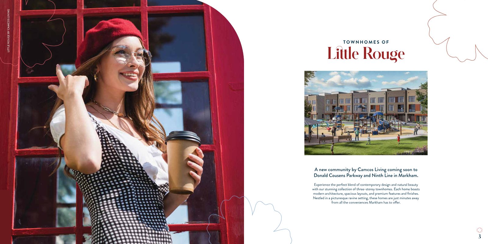Townhomes of Little Rouge brochure spread featuring a rendering of the townhome blocks and on-site playground
