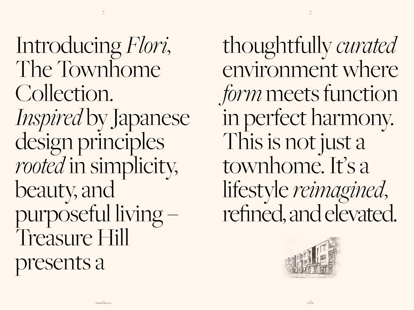Editorial spread introducing Flori, The Townhome Collection