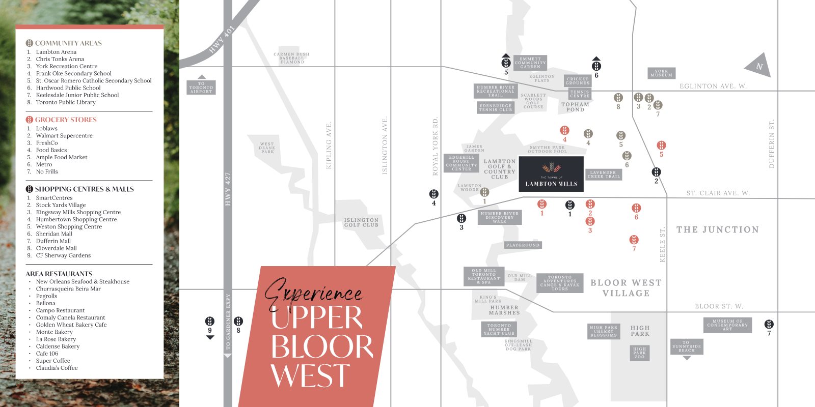 Neighbourhood map of Upper Bloor West showing The Towns of Lambton Mills near St. Clair Ave. W., Lambton Golf & Country Club, the Humber River, The Junction and Bloor West Village