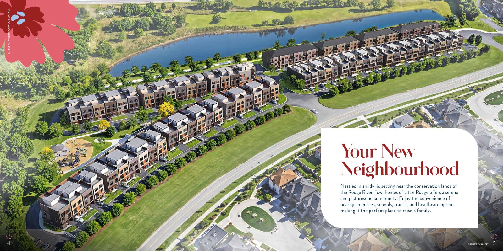 Aerial artist's concept of Townhomes of Little Rouge set beside a pond and green ravine lands with an on-site playground