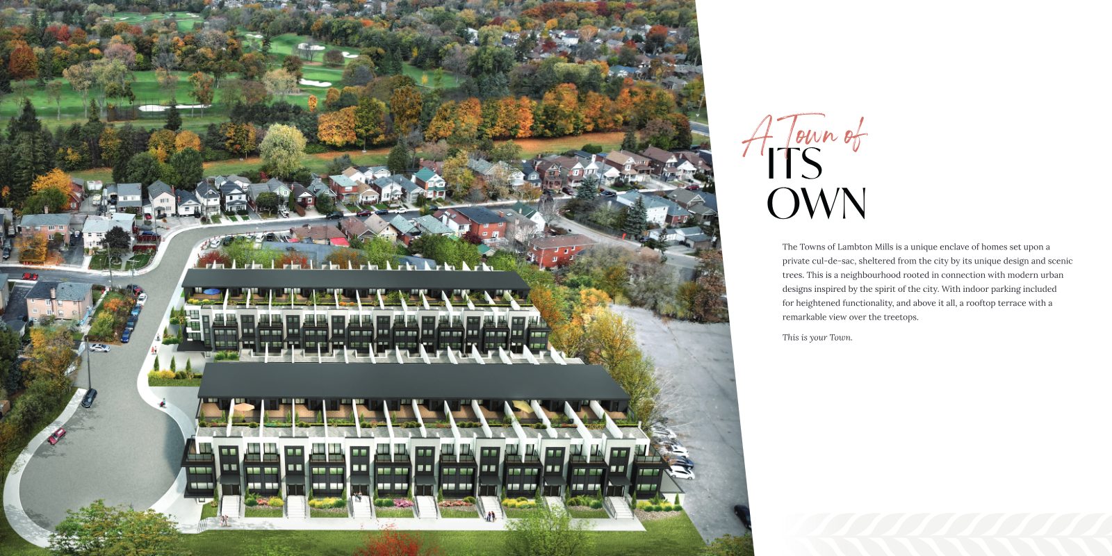 Aerial rendering of The Towns of Lambton Mills — two rows of modern townhomes with rooftop terraces on a private cul-de-sac, with the golf course and autumn trees beyond