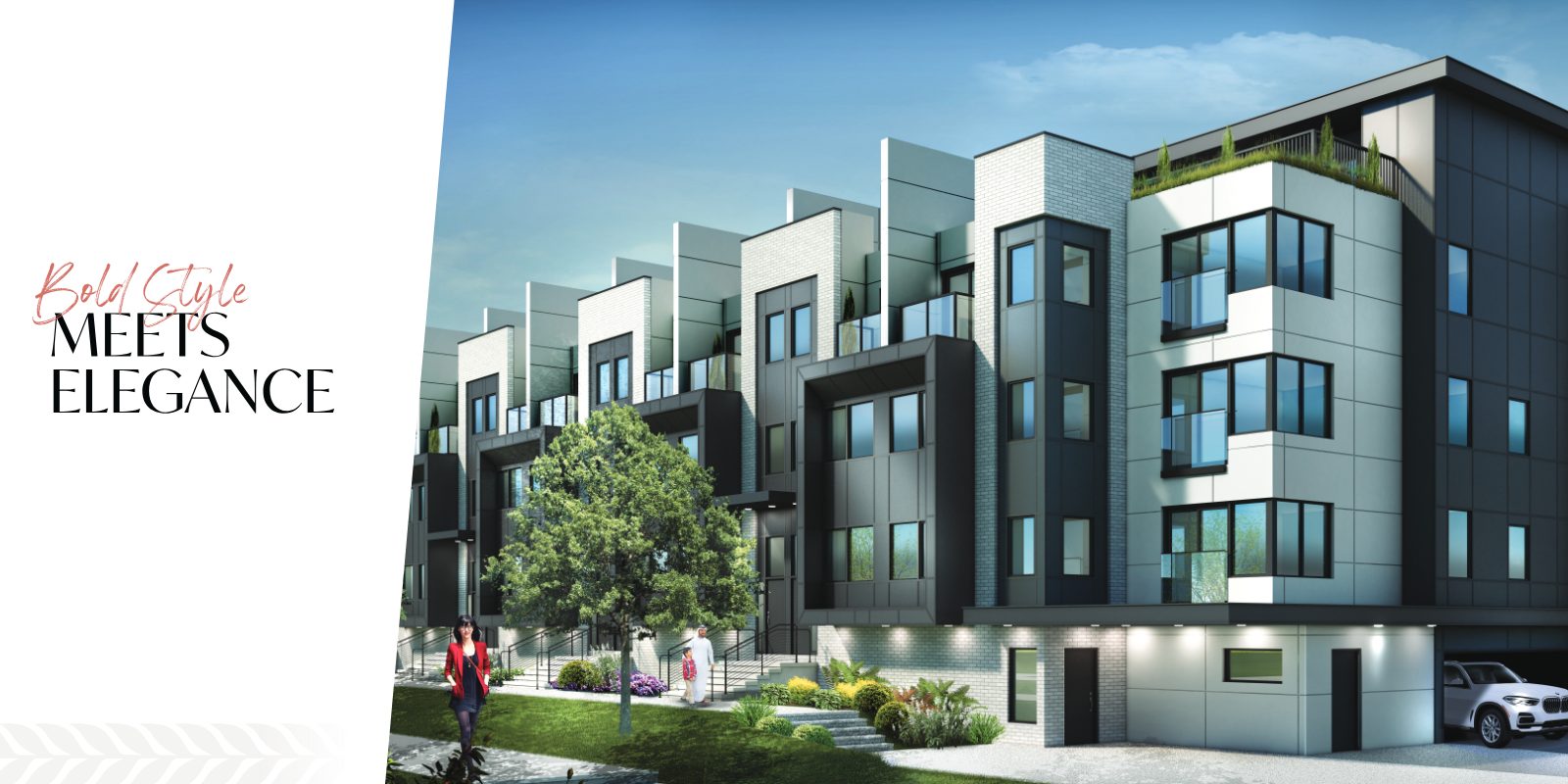 Daytime rendering of Lambton Mills townhomes with rooftop greenery, glass balconies and indoor parking entrance
