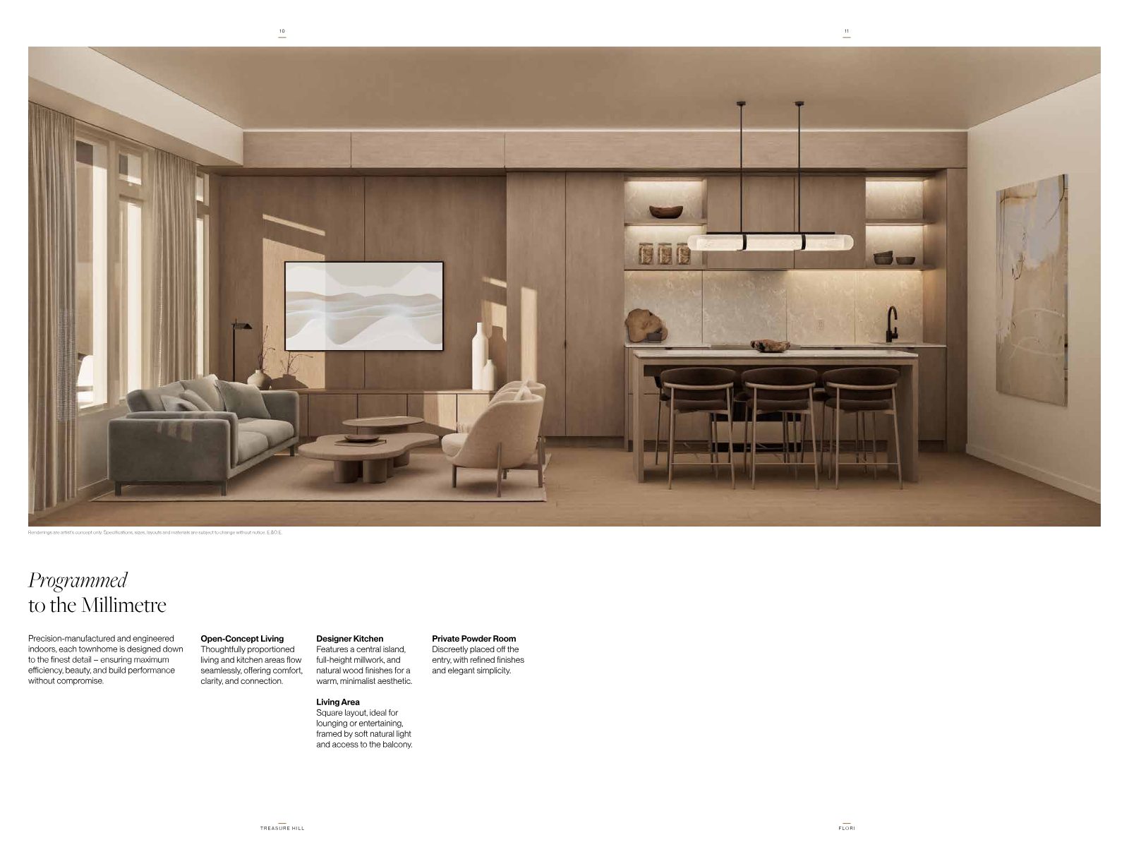 Open-concept living and designer kitchen rendering with central island