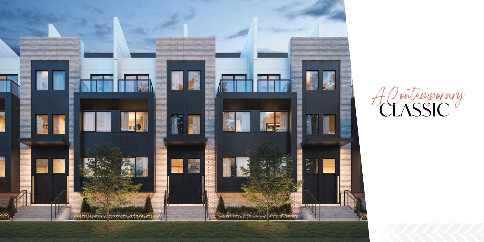 Evening rendering of The Towns of Lambton Mills — modern brick and black-metal townhome facades with glass balconies and warm interior lighting