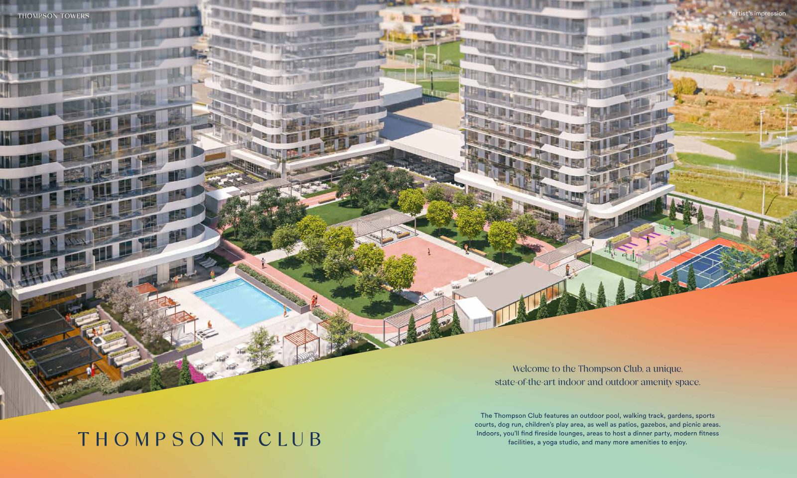 Thompson Club outdoor pool, gardens and sports courts aerial rendering