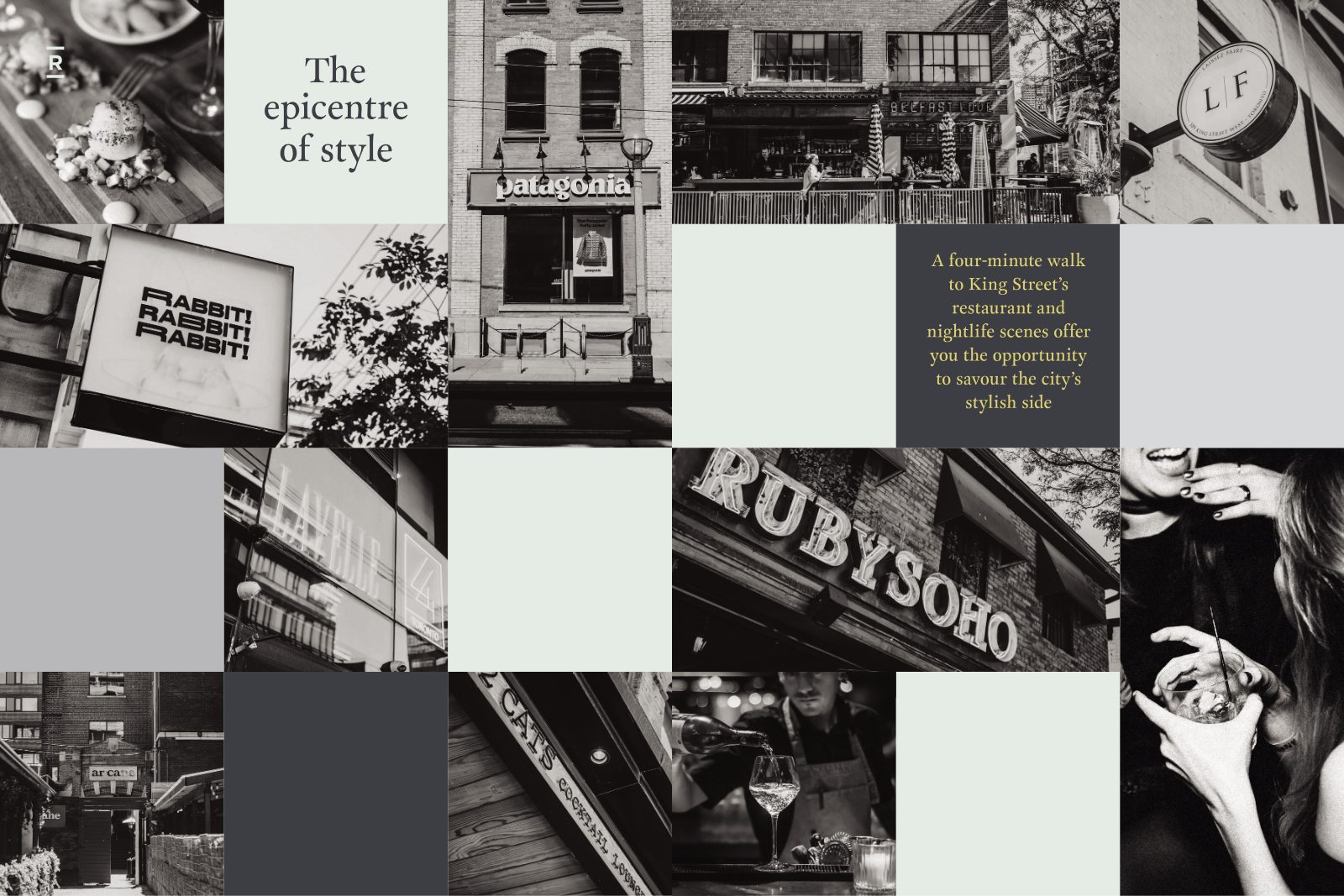 Collage of King Street West restaurants, shops and nightlife near Reside on Richmond