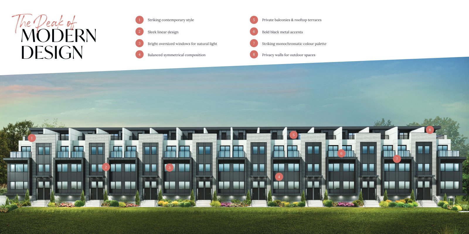 Full elevation rendering of a Lambton Mills townhome block with numbered modern design features