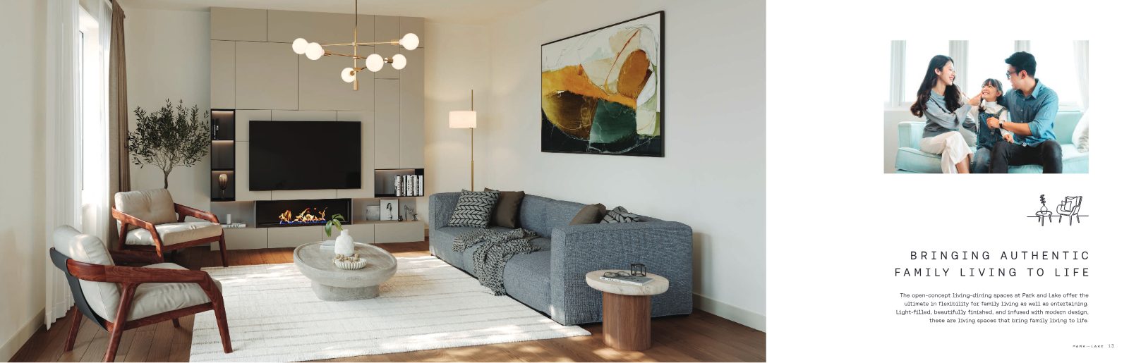 Open-concept living space at Park and Lake