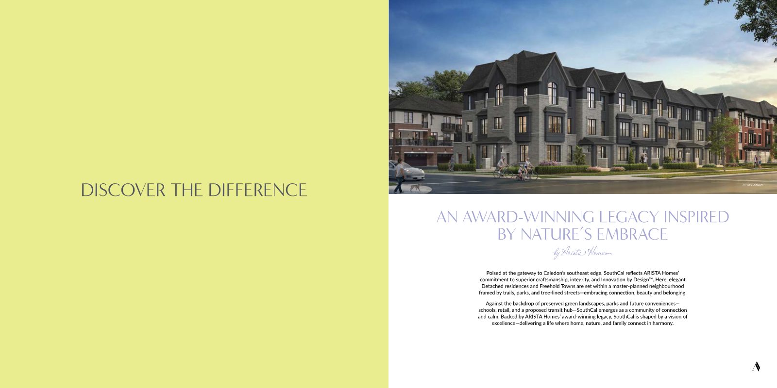 Artist's concept of SouthCal freehold townhomes with stone and dark siding facades along a tree-lined street
