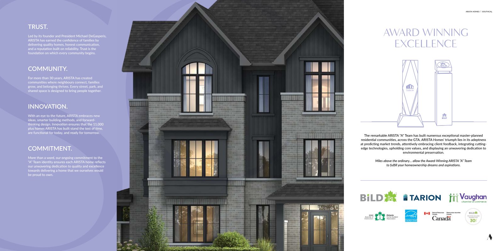 Artist's concept of a SouthCal townhome facade beside ' award-winning excellence page