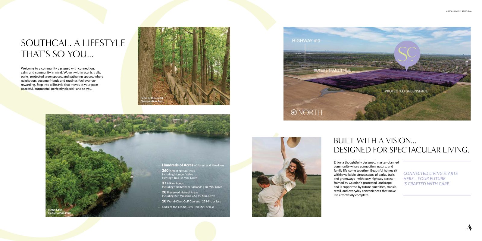 SouthCal lifestyle brochure spread with Forks of the Credit trail, Heart Lake Conservation Park and aerial view of the site