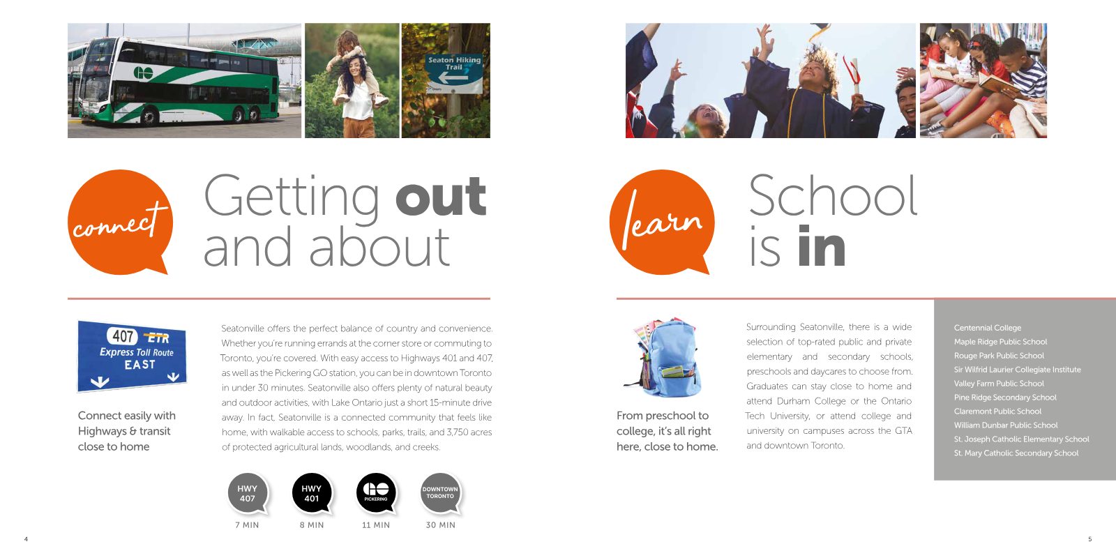 Brochure spread on getting out and about with GO transit and Seaton Hiking Trail, plus nearby schools