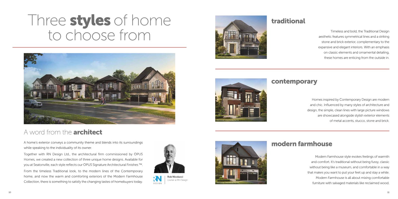 Seatonville brochure spread: three styles of home — Traditional, Contemporary and Modern Farmhouse renderings with a word from the architect