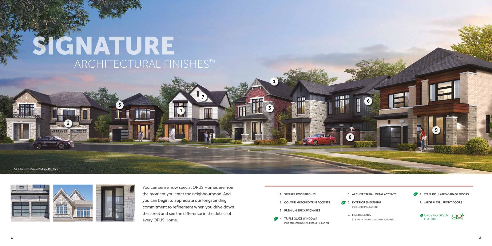 Artist's concept streetscape of Seatonville detached homes by at dusk, showing Traditional, Contemporary and Modern Farmhouse elevations