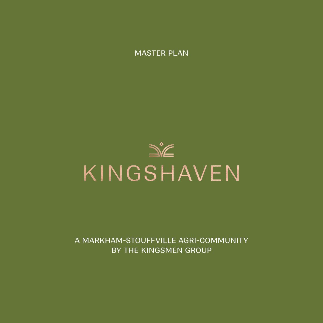 Aerial rendering of the Kingshaven townhome community surrounded by parkland and countryside