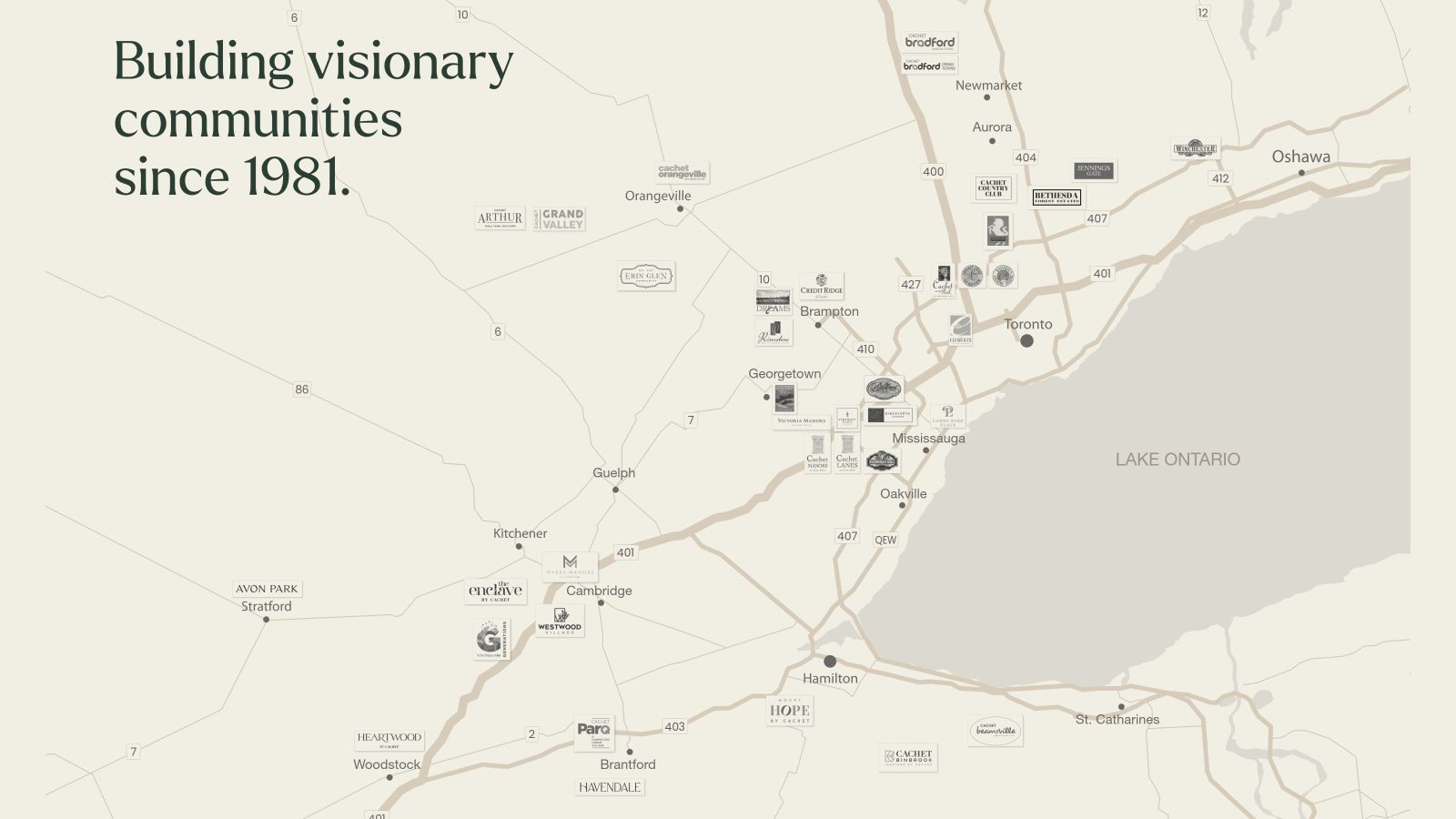 Map of Cachet Homes communities across the Greater Golden Horseshoe, including Havendale near Brantford