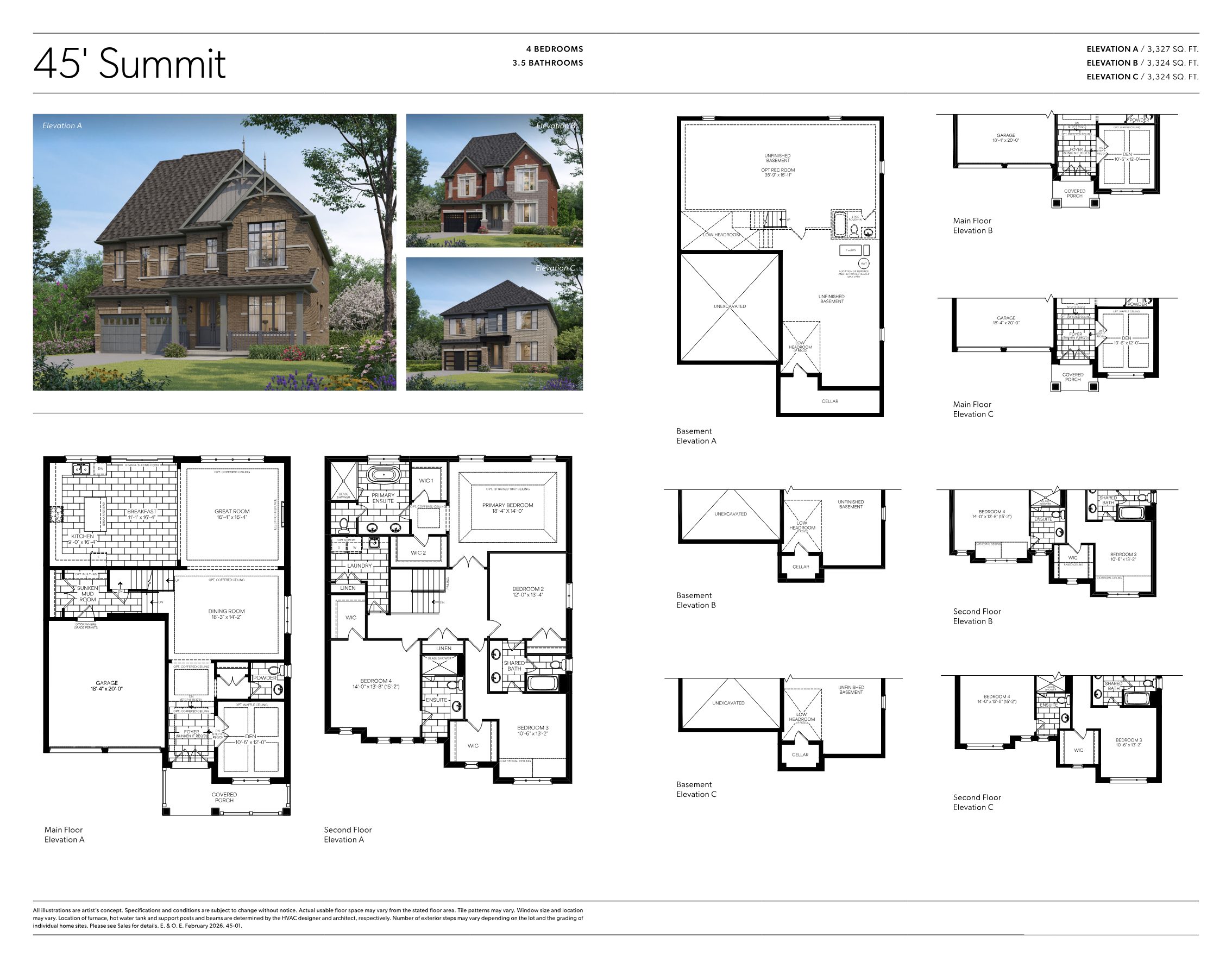 45 foot home floor plan and elevation