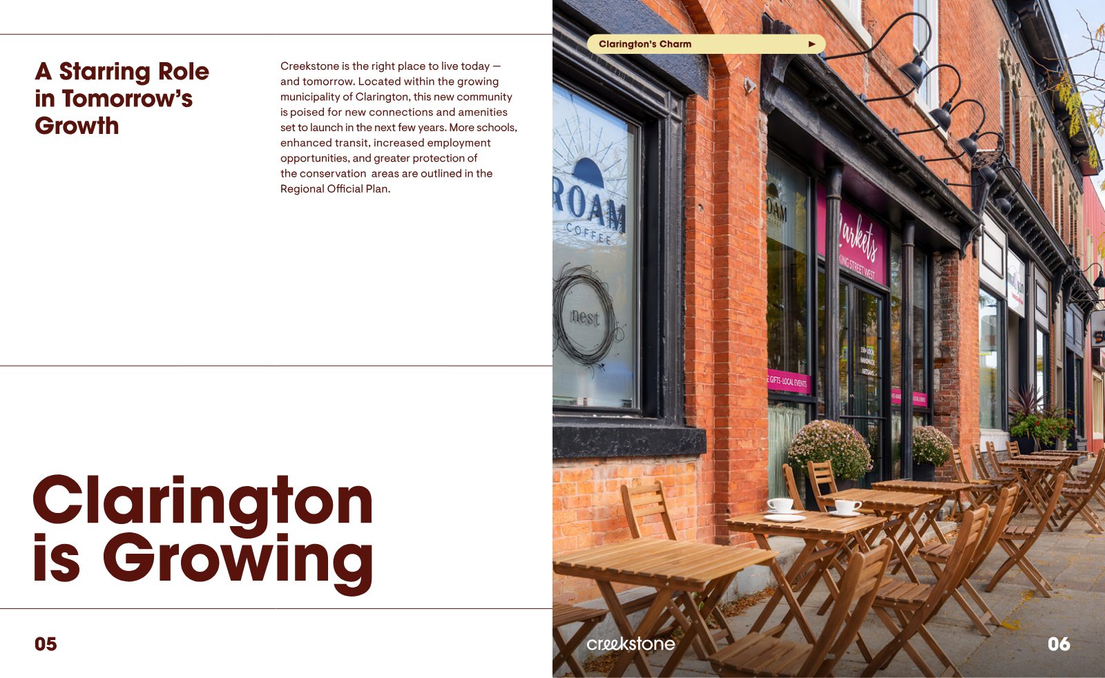 Historic downtown Clarington shopfronts and café patio