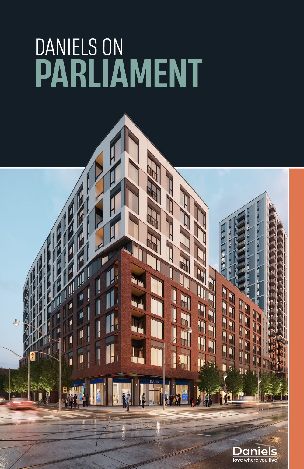 Artist's rendering of Daniels on Parliament, a red-brick and white-clad 10-storey condominium at the corner of Parliament and Gerrard Streets at dusk
