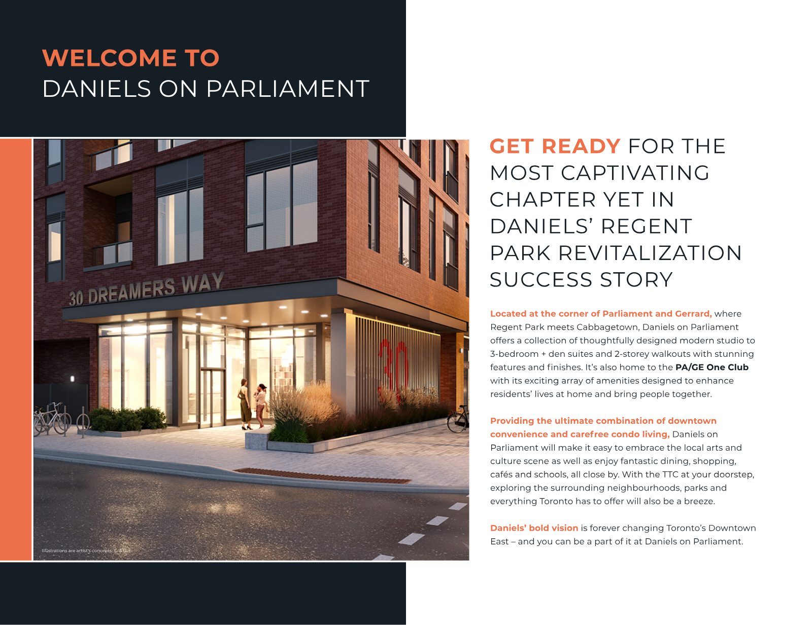 Welcome to Daniels on Parliament: rendering of the glass lobby entrance at 30 Dreamers Way at night