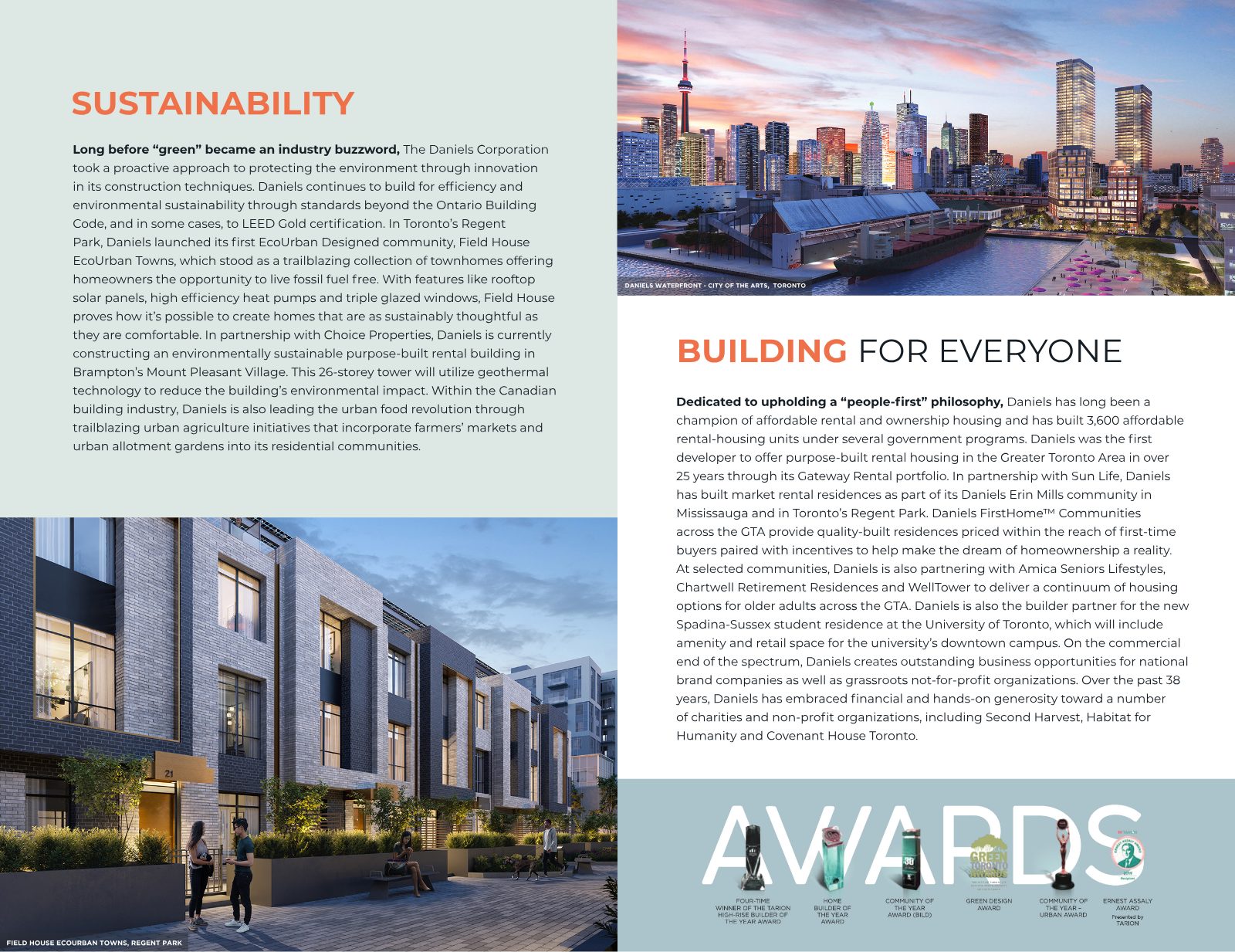 Daniels sustainability and awards: Field House EcoUrban Towns in Regent Park and Daniels Waterfront