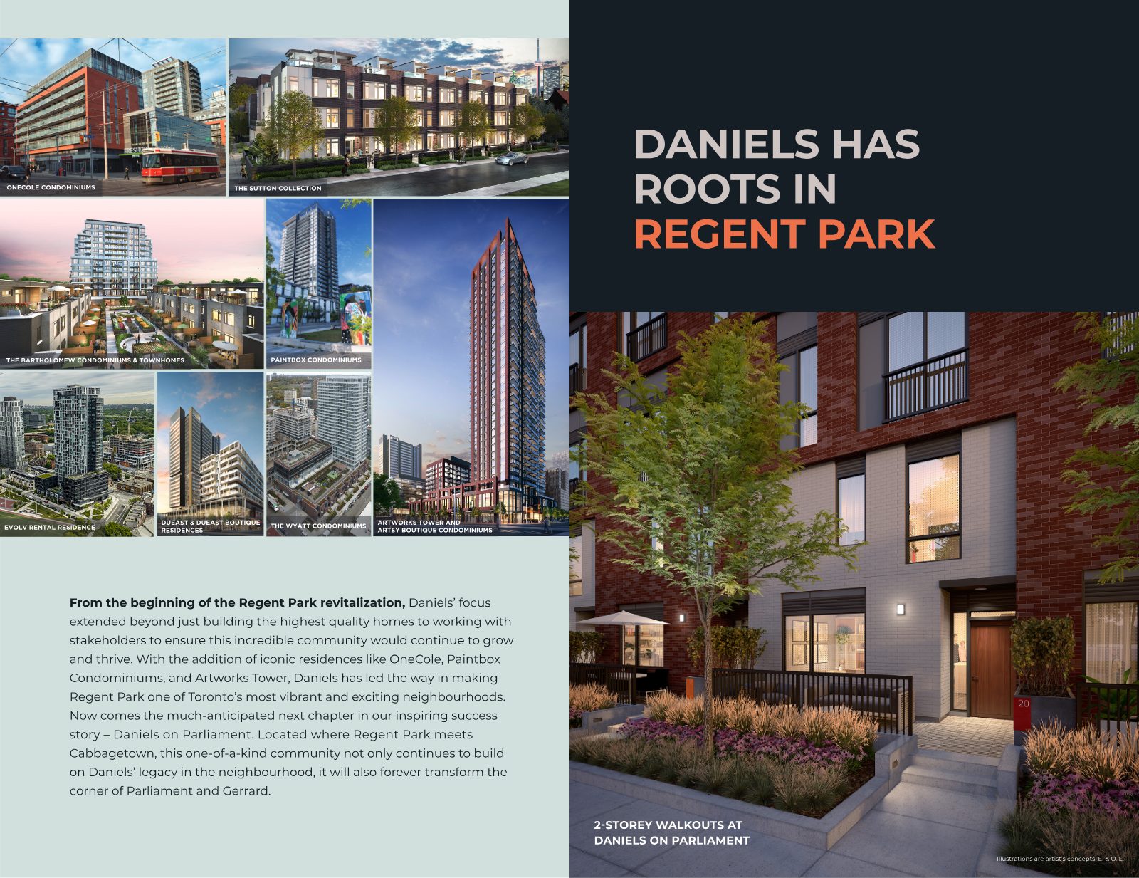 Rendering of 2-storey walkout townhome-style suites at Daniels on Parliament with private landscaped entries