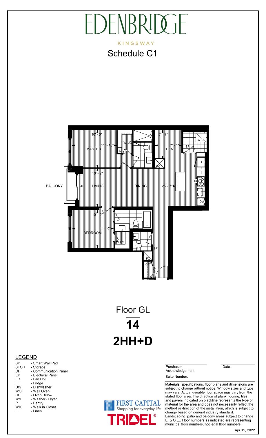 Edenbridge floor plan 2HH+D, suite 14, two bedrooms plus den with balcony