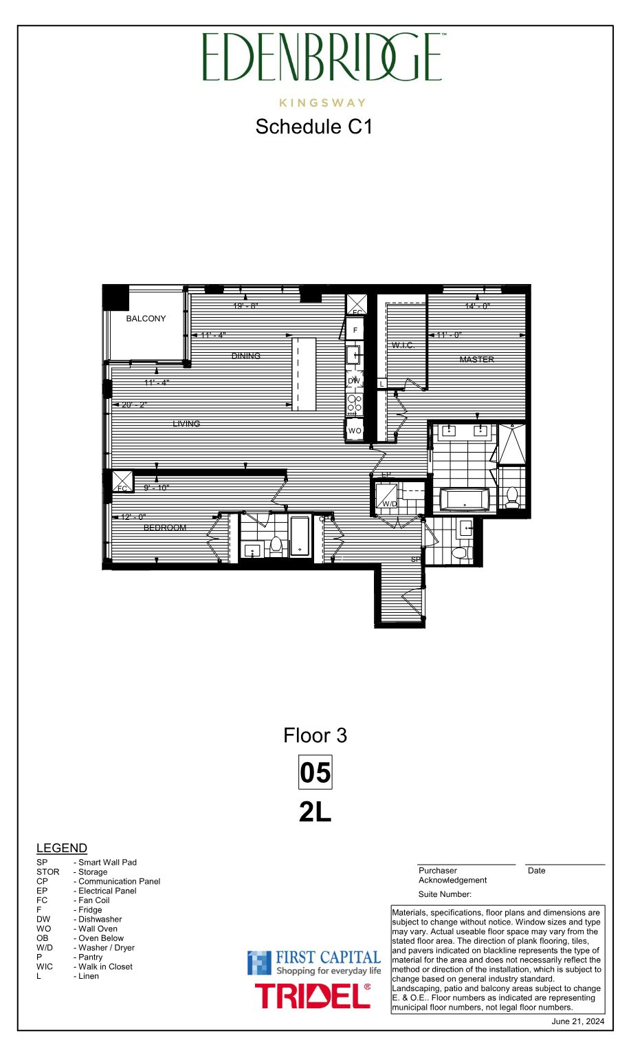 Edenbridge floor plan 2L, floor 3 suite 05, two bedrooms with balcony