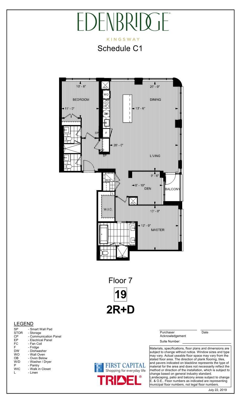 Edenbridge floor plan 2R+D, floor 7 suite 19, two bedrooms plus den