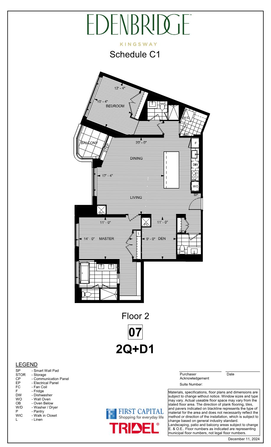 Edenbridge floor plan 2Q+D1, floor 2 suite 07, two bedrooms plus den with balcony