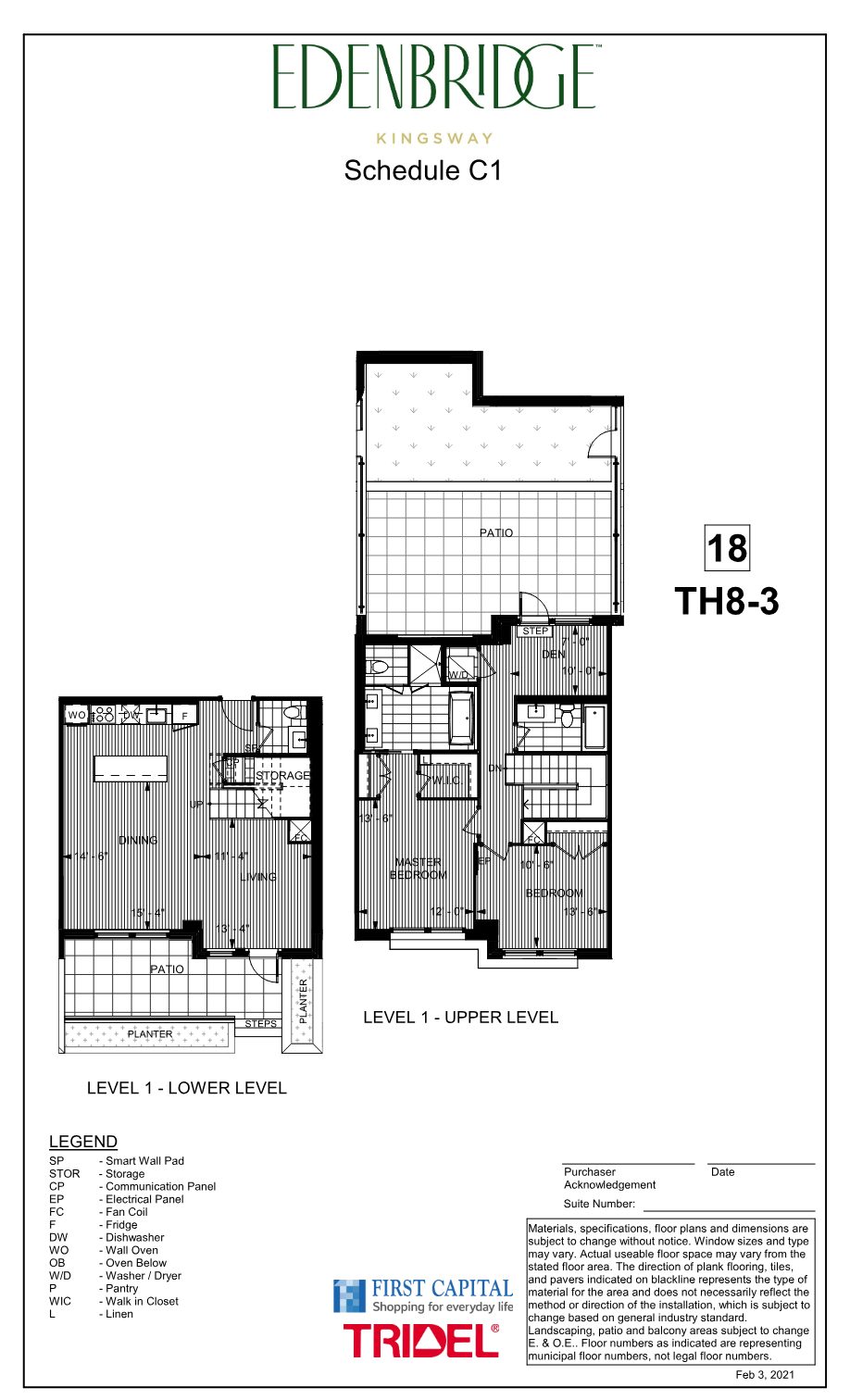 Edenbridge townhome floor plan TH8-3, two levels with patios
